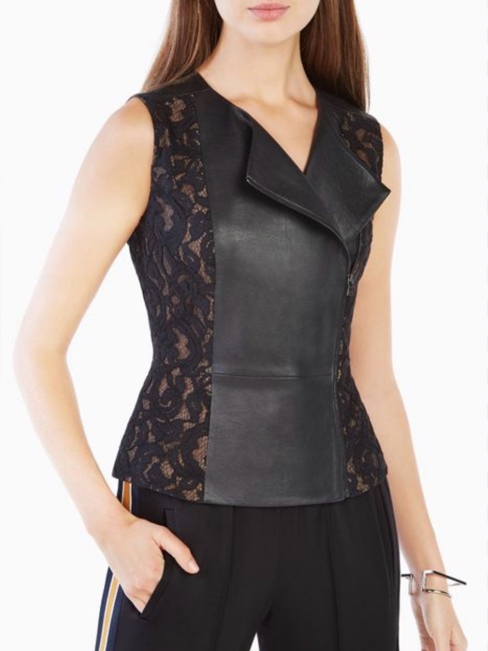 BCBGMaxazria Becky Faux Vegan Leather Zip Up Tank Top Blouse Black Size Medium